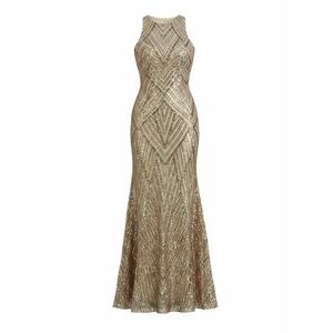 LUXEDO Gold Sequin Geometric Mermaid Evening Gown Sleeveless Formal Dress Glam